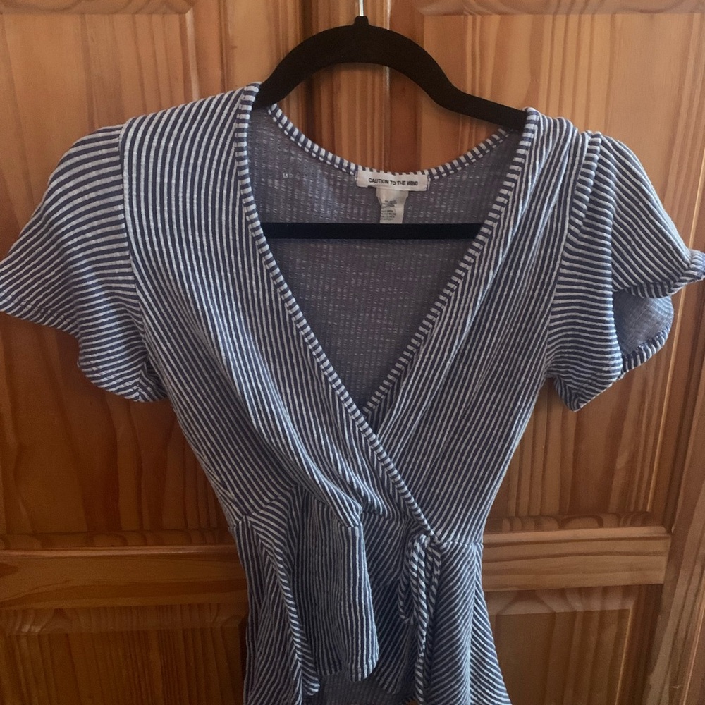 Caution to the Wind Blue and white cross over shirt
